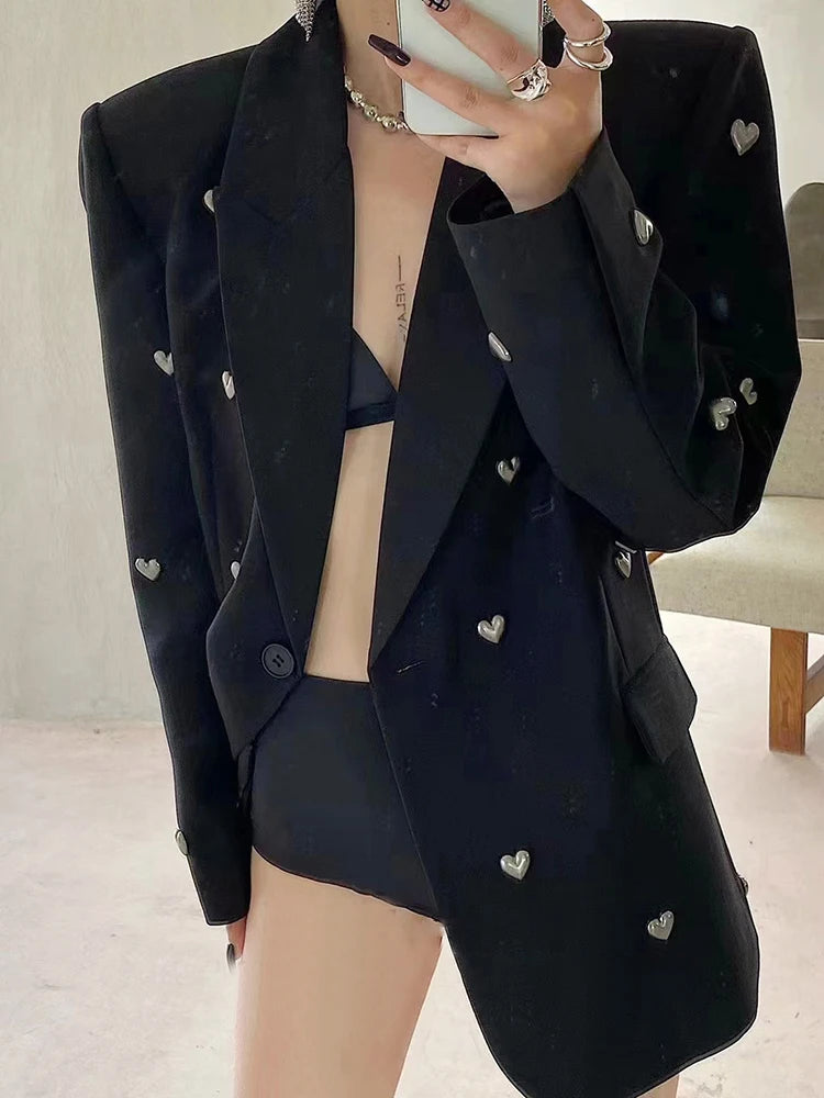 DEAT Fashion Women Blazer Notched Collar Long Sleeves Single Button 3D Love Rivet Decoration Suit Jackets Autumn 2025 New 7AB858
