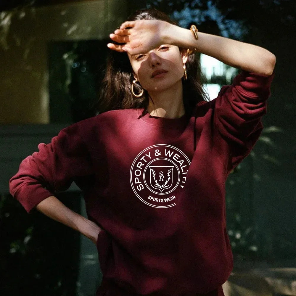 American Vintage Style Letters Printing Wine Red Thick Sweatshirts Crewneck Casual Cotton Autumn Pullovers Aesthetic Sweaters
