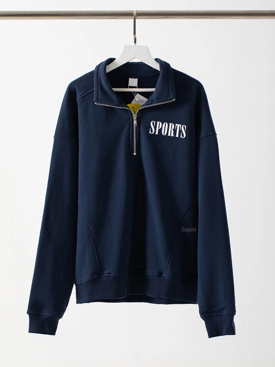 2024 New Letter Print Sport Pullover Tops Fashion Long Sleeve Stand Collar Zipper Sweatshirts American Vintage Sweatshirt Women