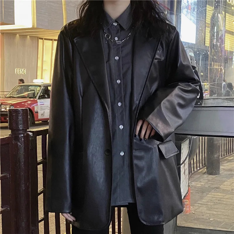 Korean Black Leather Moto Jacket Vintage Warm Female Loose Leather Suit Blazers Streetwear Fashion Women's Winter Coat 2021 New