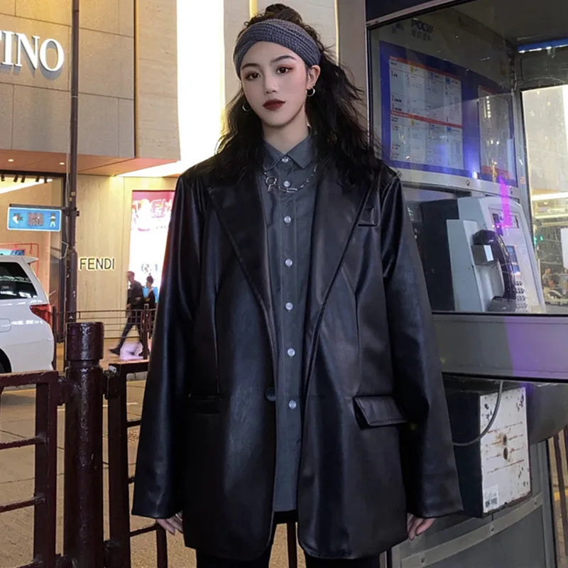 Korean Black Leather Moto Jacket Vintage Warm Female Loose Leather Suit Blazers Streetwear Fashion Women's Winter Coat 2021 New