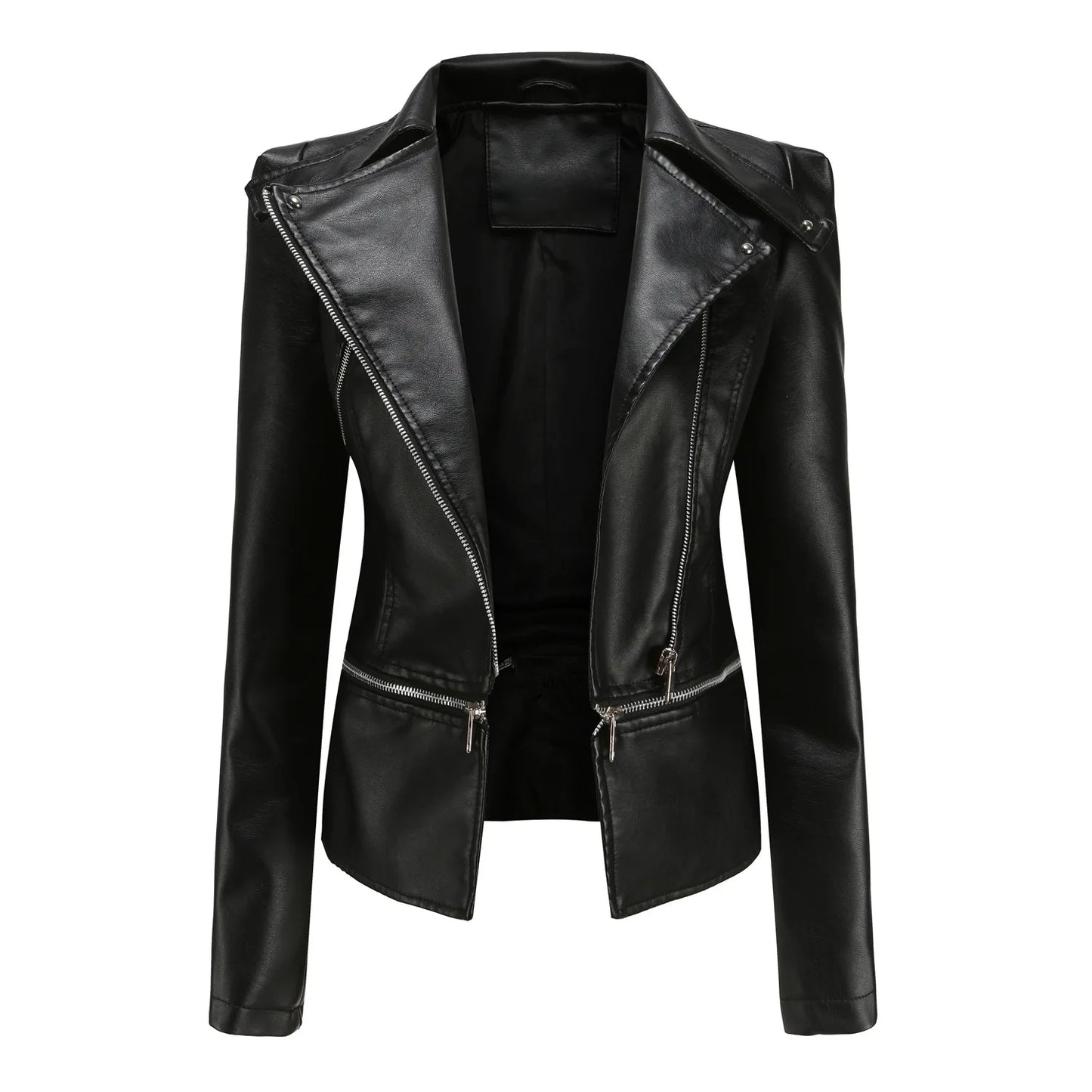 Spring Autumn Motorcycle PU Leather Jacket Women Casual Leather Coat Female Long Sleeve Turn-down Collar Solid Outwear