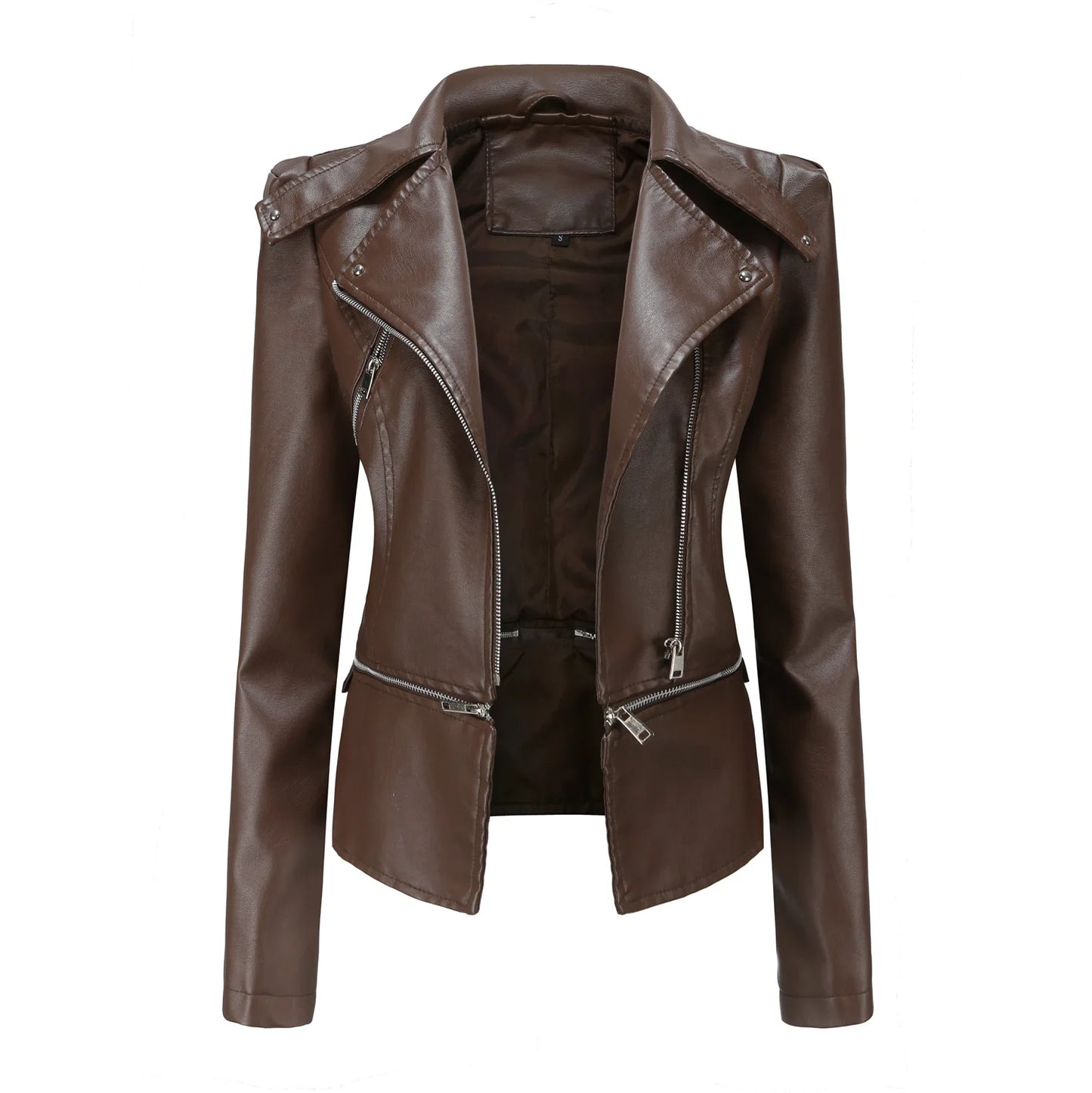 Spring Autumn Motorcycle PU Leather Jacket Women Casual Leather Coat Female Long Sleeve Turn-down Collar Solid Outwear