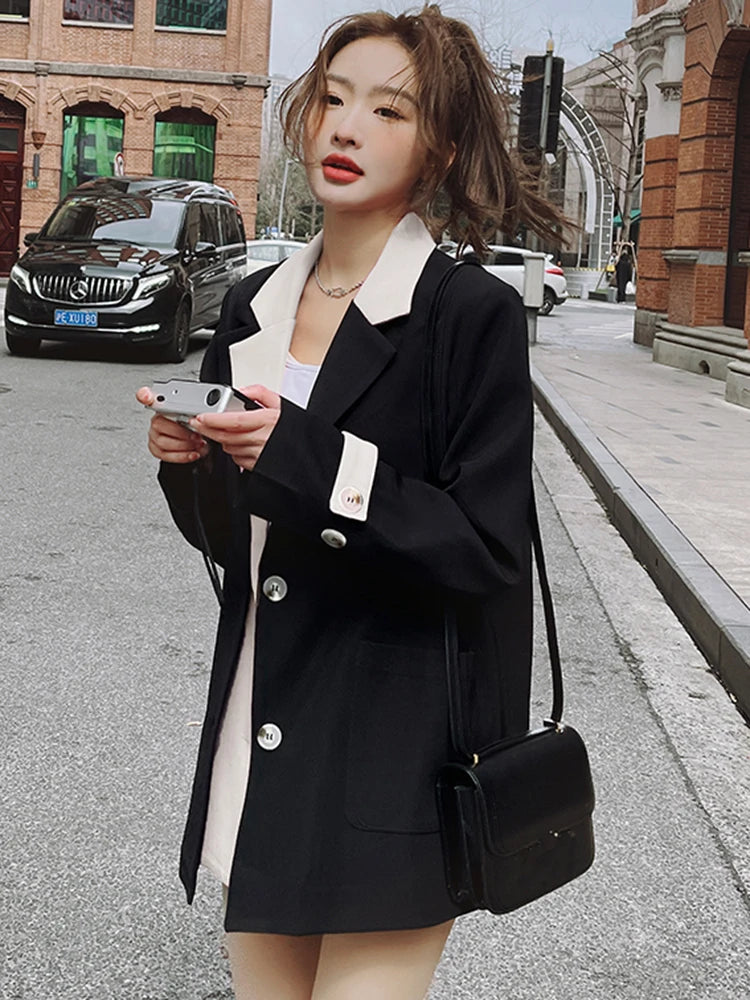 LANMREM Fashion Contrast Color Blazer Women Notched Collar Patchwork Design Single Breasted Coat 2024 Spring New 2AA5068