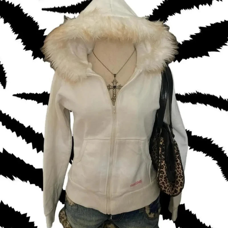 Y2K American sexy slim-fit solid color fur collar design long-sleeved zipper cardigan hoodie for women winter warm versatile top