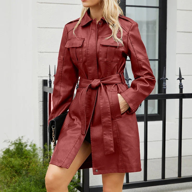 Leather Clothing Women's Fashion Solid Color Lapel Zipper Slim Long Sleeve with Belt Faux Leather Elegant Office Street Jacket