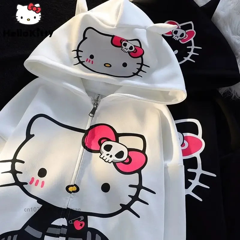 Sanrio 100% Cotton American Zip-up China-Chic Hello Kitty Printed Hoodie Women's Loose Zipper Cardigan Coat Hooded Clothes