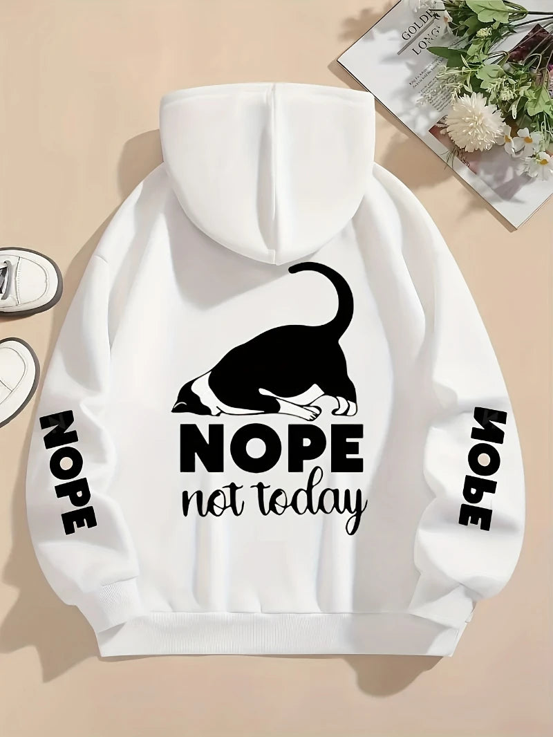 Casual Womans Hoodies Nope Not Today Cute Cat Printing Pullovers Loose Pocket Warm Fleece Sweatshirts Autumn Female Clothing