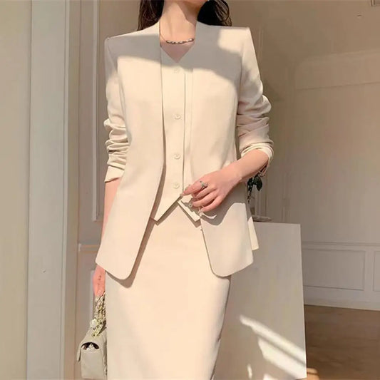 Women Suit Coat Skirt Set Elegant Office Lady Business Suit Coat Midi Skirt Set Women OL Commuting Lady High Waist Skirt Suit