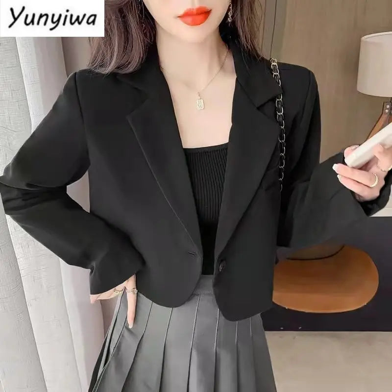 Blazers Women Crop Outwear Spring Office Ladies Solid Design Retro Casual Simple Fashion Korean Chic Female All-match Elegant