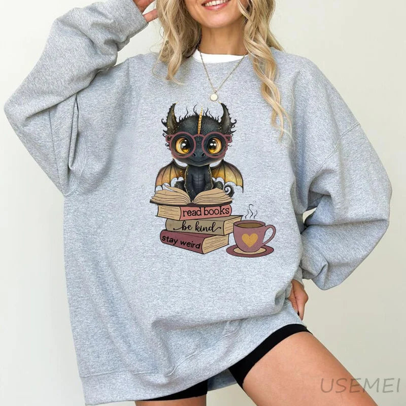 Fourth Wing Dragon Printed Sweatshirt Women Fantasy Book Lover Sweat Hoodie Funny Long Sleeve Pullover Bookish Sweatshirts