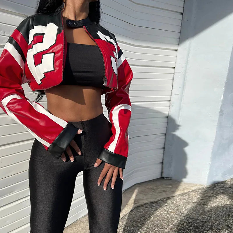 Crop Top Women's Leather Jacket Moto Biker Style Number Print Women's Jacket Fashion Outerwears Women's Moto Biker Zipper Jacket