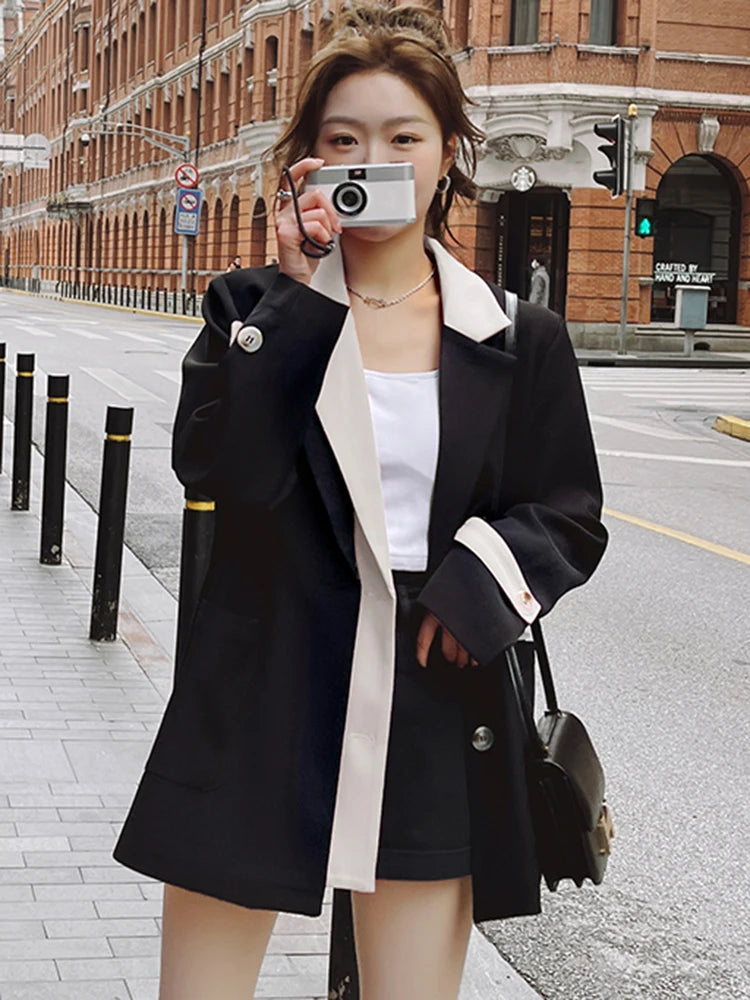 LANMREM Fashion Contrast Color Blazer Women Notched Collar Patchwork Design Single Breasted Coat 2024 Spring New 2AA5068