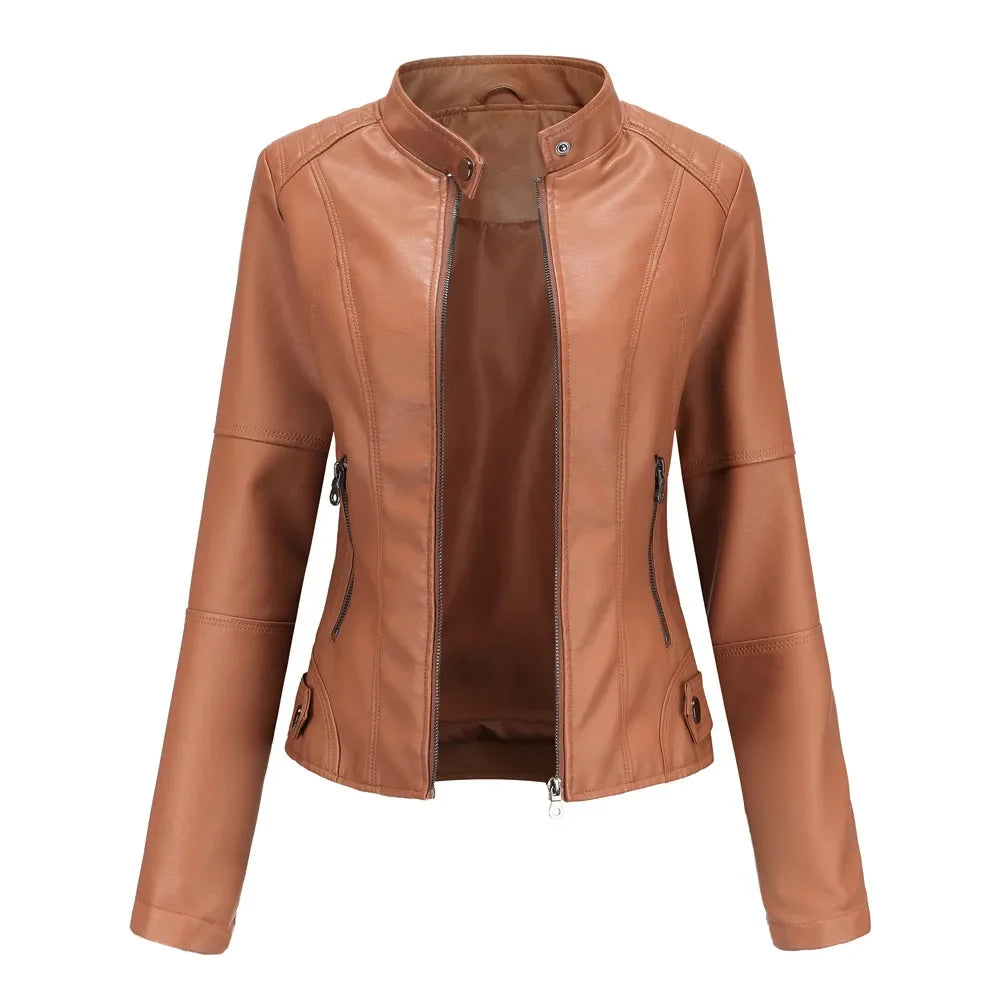 Women Jackets Leather Stand Collar Full Sleeve Slim Fit Jacket Zipper Splice Cots Casual Elegant Lady High Street Autumn 2024