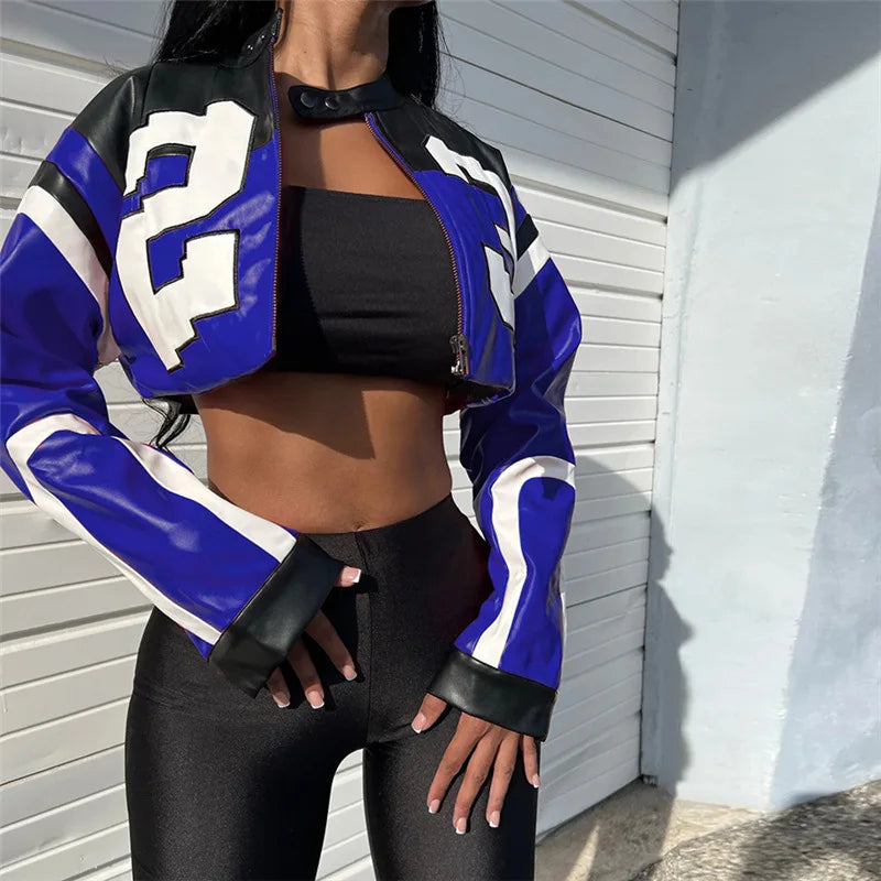 Crop Top Women's Leather Jacket Moto Biker Style Number Print Women's Jacket Fashion Outerwears Women's Moto Biker Zipper Jacket