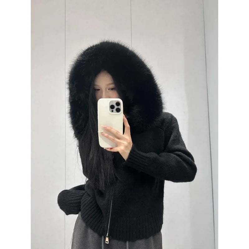 Y2K American sexy slim-fit solid color fur collar design long-sleeved zipper cardigan hoodie for women winter warm versatile top