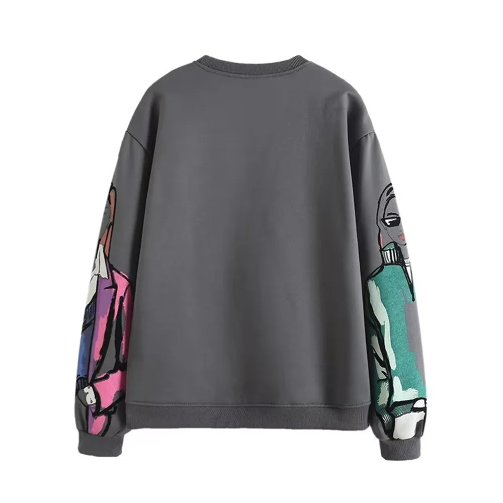 PB&ZA Autumn/Winter 2023 New Women's Warm Plush Hooded Round Neck Loose Printed Sweatshirt Sweatshirt