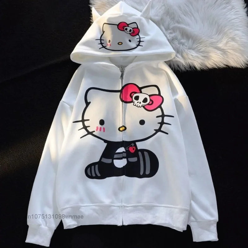 Sanrio 100% Cotton American Zip-up China-Chic Hello Kitty Printed Hoodie Women's Loose Zipper Cardigan Coat Hooded Clothes