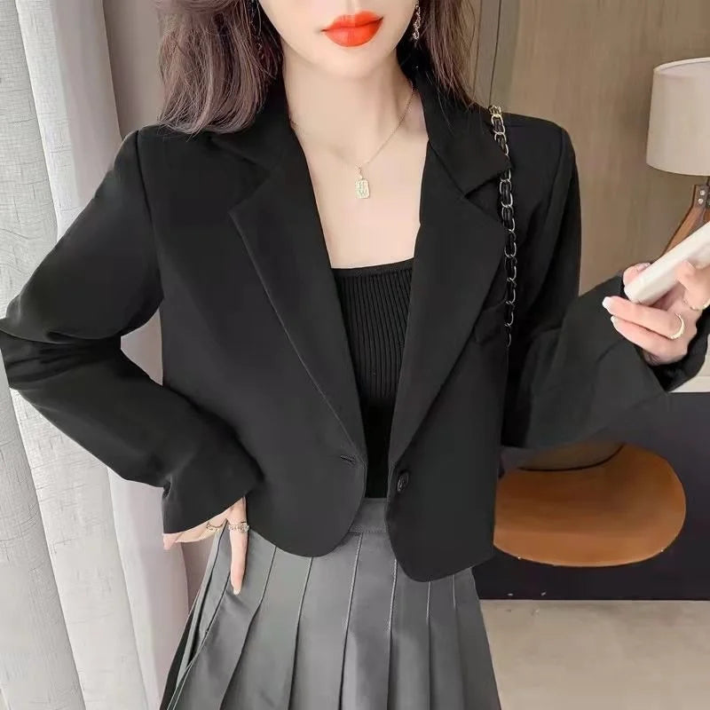 Blazers Women Crop Outwear Spring Office Ladies Solid Design Retro Casual Simple Fashion Korean Chic Female All-match Elegant