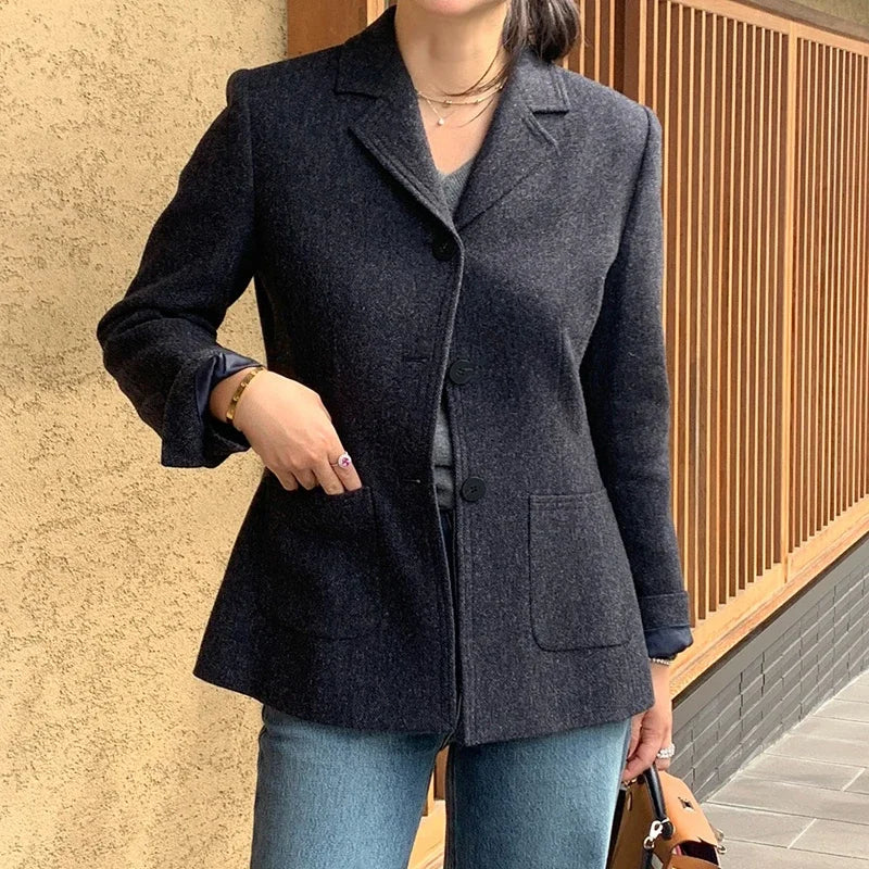 Korean Chic Woolen Suit Jacket for Women Autumn and Winter Slim Fit Brown Commuter High end Wool Coat Blazers Women Clothing