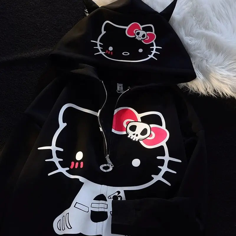 Sanrio 100% Cotton American Zip-up China-Chic Hello Kitty Printed Hoodie Women's Loose Zipper Cardigan Coat Hooded Clothes