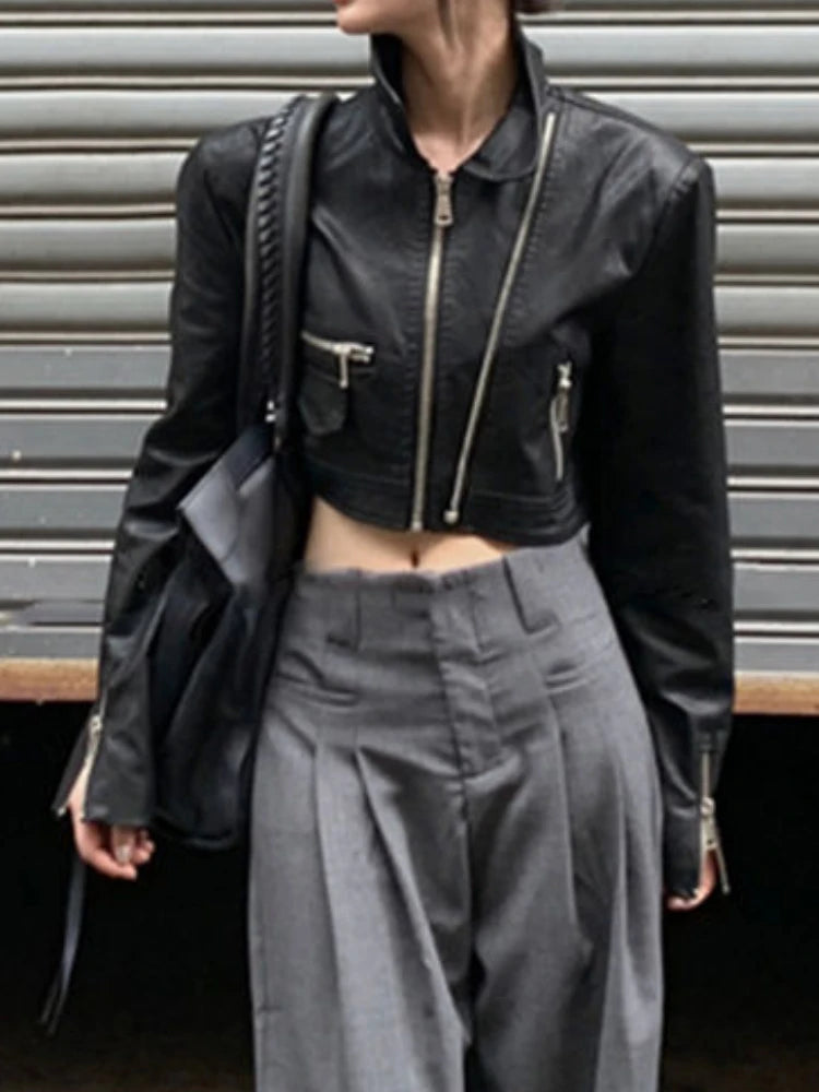 Punk Cropped Black Leather Jacket Women Outerwear Zipper Moto Biker Leather Jacket Casual High Street Irregular Leather Coat New