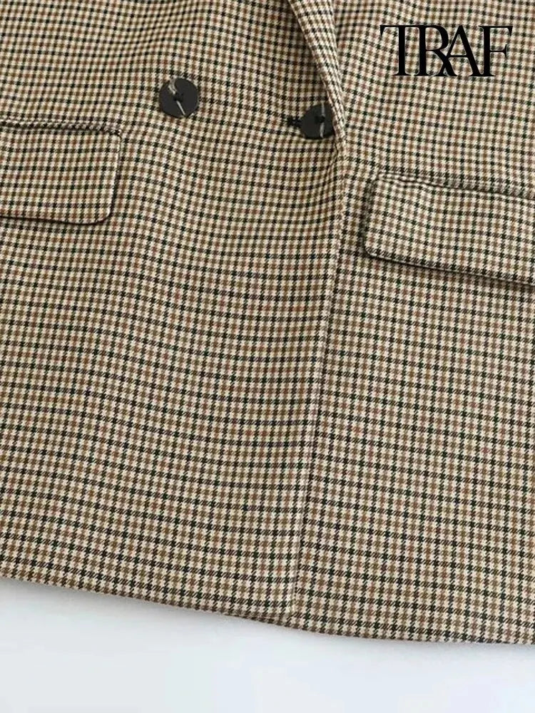 TRAF Women Fashion Double Breasted Plaid Blazer Coat Vintage Long Sleeve Flap Pockets Female Outerwear Chic Vestes Femme