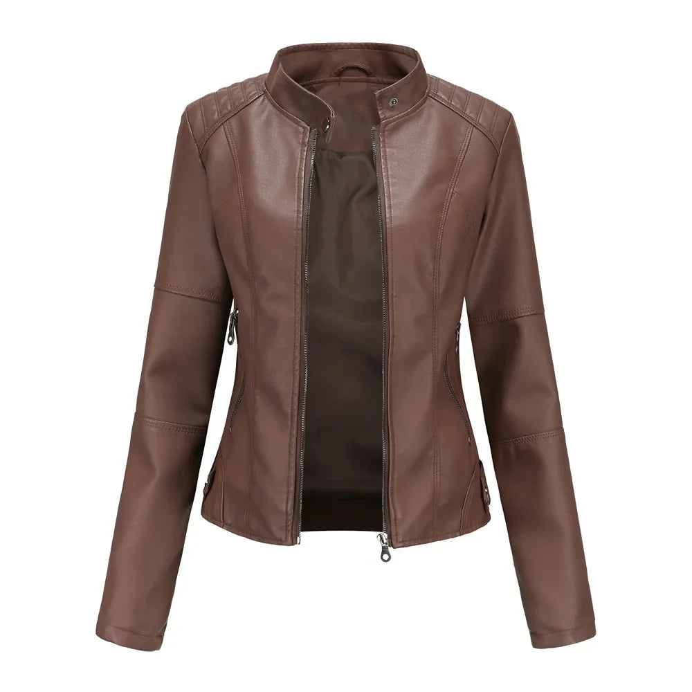 Women Jackets Leather Stand Collar Full Sleeve Slim Fit Jacket Zipper Splice Cots Casual Elegant Lady High Street Autumn 2024