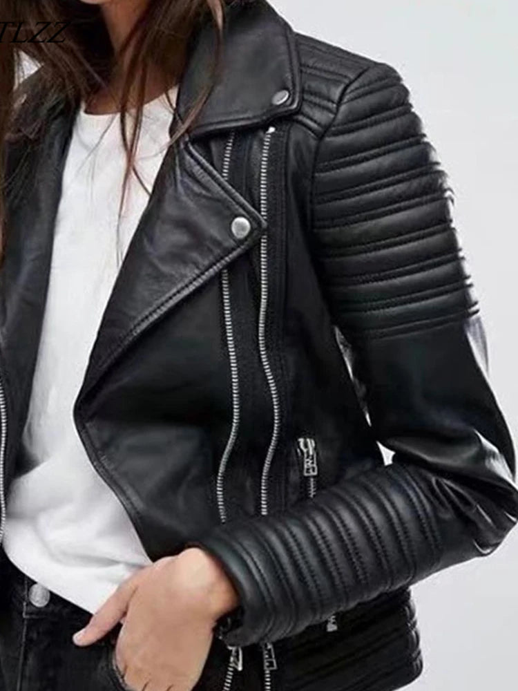 FTLZZ  New Women Smooth Motorcycle Faux Leather Jackets Ladies Long Sleeve Autumn Winter Biker Streetwear Black Pink Coat