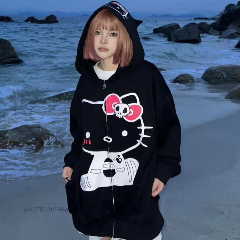 Sanrio 100% Cotton American Zip-up China-Chic Hello Kitty Printed Hoodie Women's Loose Zipper Cardigan Coat Hooded Clothes