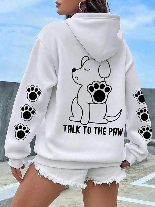 Talk To The Paw Funny Dog Cartoon Print Hoodie Women Warm Fleece Hoody Fashion Casual Hooded Autumn Loose Round Neck Woman Tops