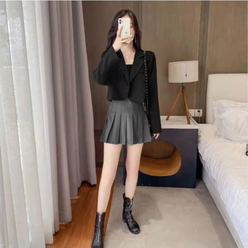 Blazers Women Crop Outwear Spring Office Ladies Solid Design Retro Casual Simple Fashion Korean Chic Female All-match Elegant