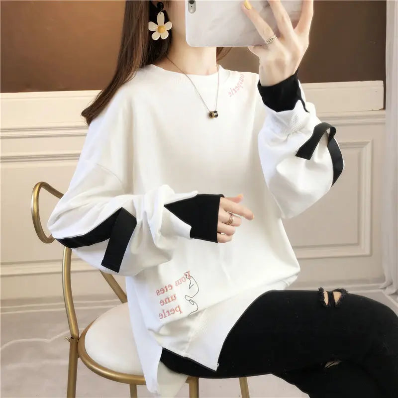 Autumn 2024 New Casual Patchwork Fake Two Pieces Sweatshirts Femme Simplicity Loose Irregular Pullover T-Shirts Women Clothing