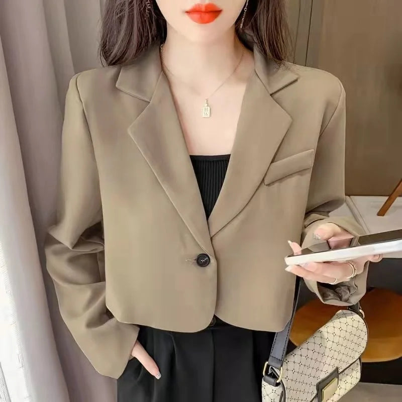 Blazers Women Crop Outwear Spring Office Ladies Solid Design Retro Casual Simple Fashion Korean Chic Female All-match Elegant