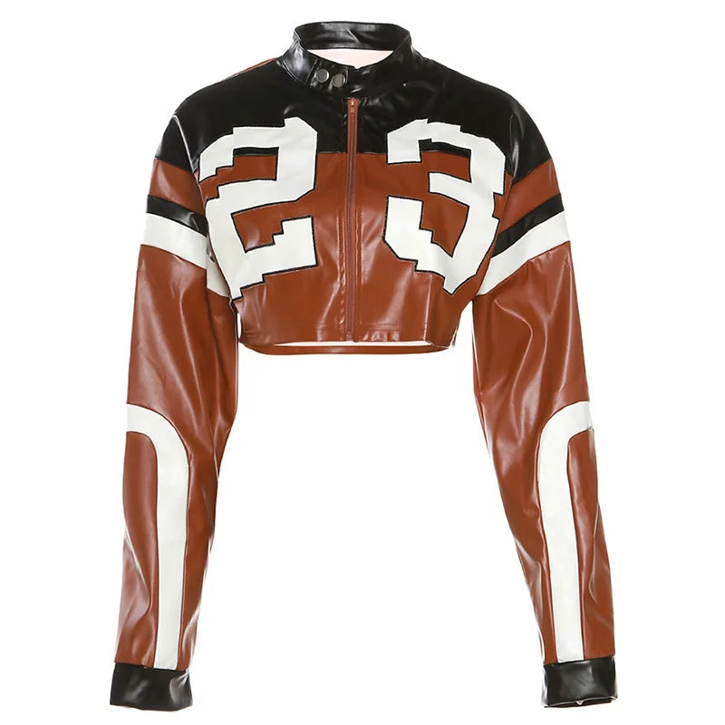 Crop Top Women's Leather Jacket Moto Biker Style Number Print Women's Jacket Fashion Outerwears Women's Moto Biker Zipper Jacket