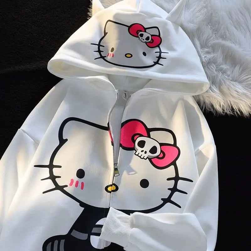 Sanrio 100% Cotton American Zip-up China-Chic Hello Kitty Printed Hoodie Women's Loose Zipper Cardigan Coat Hooded Clothes