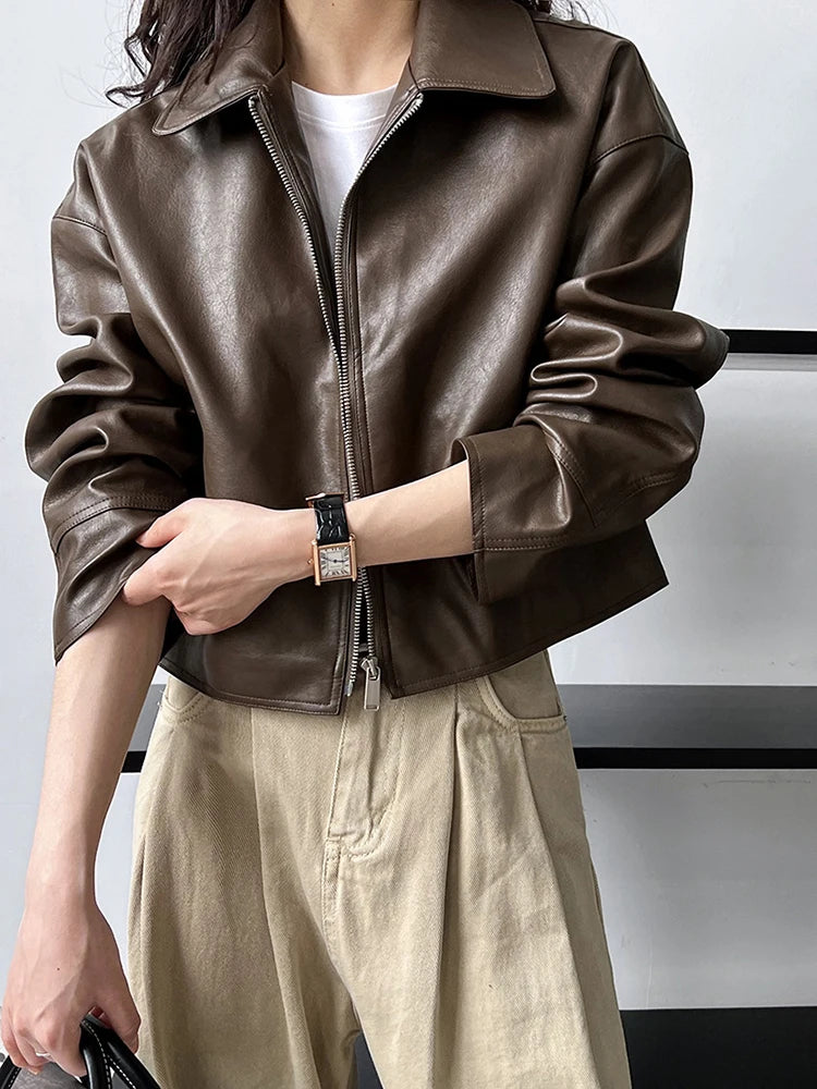 [EAM] PU Leather Brown Big Size Casual Short Jacket New Lapel Long Sleeve Women Coat Fashion Tide Spring Autumn 2025 1DH6650