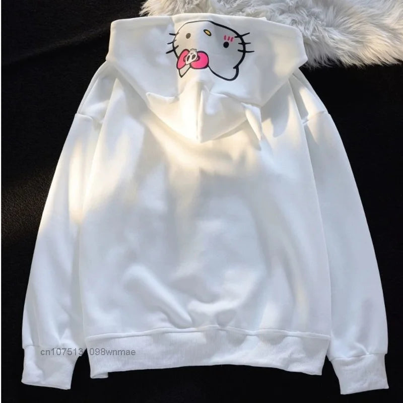 Sanrio 100% Cotton American Zip-up China-Chic Hello Kitty Printed Hoodie Women's Loose Zipper Cardigan Coat Hooded Clothes