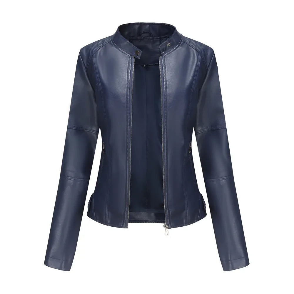 Women Jackets Leather Stand Collar Full Sleeve Slim Fit Jacket Zipper Splice Cots Casual Elegant Lady High Street Autumn 2024