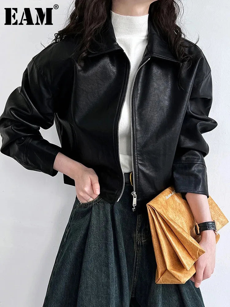 [EAM] PU Leather Brown Big Size Casual Short Jacket New Lapel Long Sleeve Women Coat Fashion Tide Spring Autumn 2025 1DH6650