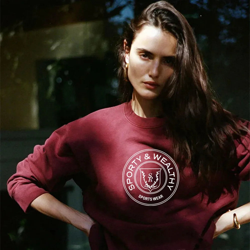 American Vintage Style Letters Printing Wine Red Thick Sweatshirts Crewneck Casual Cotton Autumn Pullovers Aesthetic Sweaters