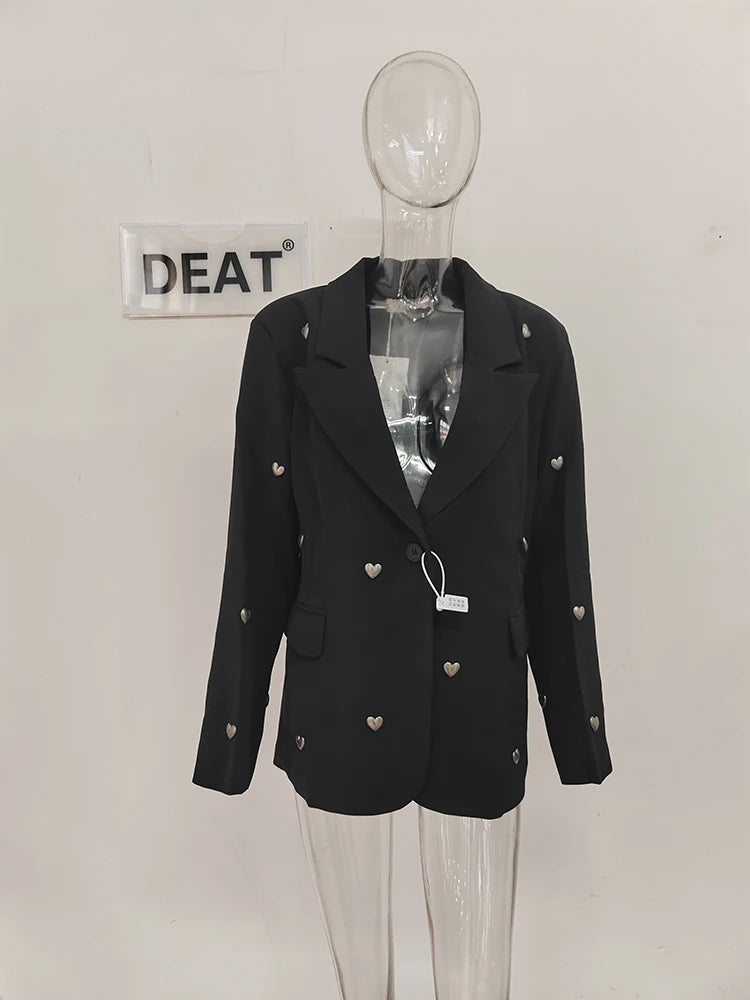 DEAT Fashion Women Blazer Notched Collar Long Sleeves Single Button 3D Love Rivet Decoration Suit Jackets Autumn 2025 New 7AB858