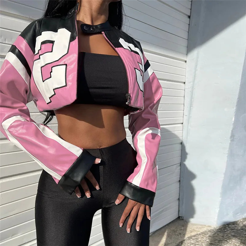 Crop Top Women's Leather Jacket Moto Biker Style Number Print Women's Jacket Fashion Outerwears Women's Moto Biker Zipper Jacket