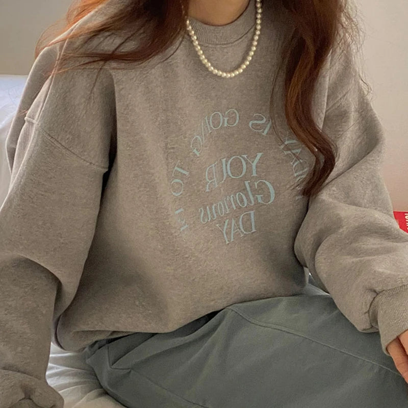 Korean Letter Print Round Neck Long Sleeve Loose Casual Sweatshirt For Women