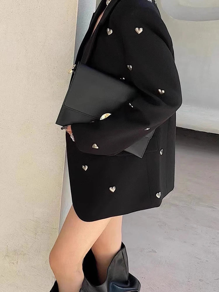 DEAT Fashion Women Blazer Notched Collar Long Sleeves Single Button 3D Love Rivet Decoration Suit Jackets Autumn 2025 New 7AB858