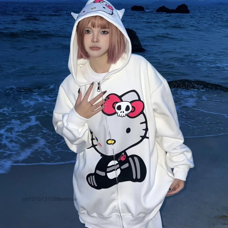 Sanrio 100% Cotton American Zip-up China-Chic Hello Kitty Printed Hoodie Women's Loose Zipper Cardigan Coat Hooded Clothes