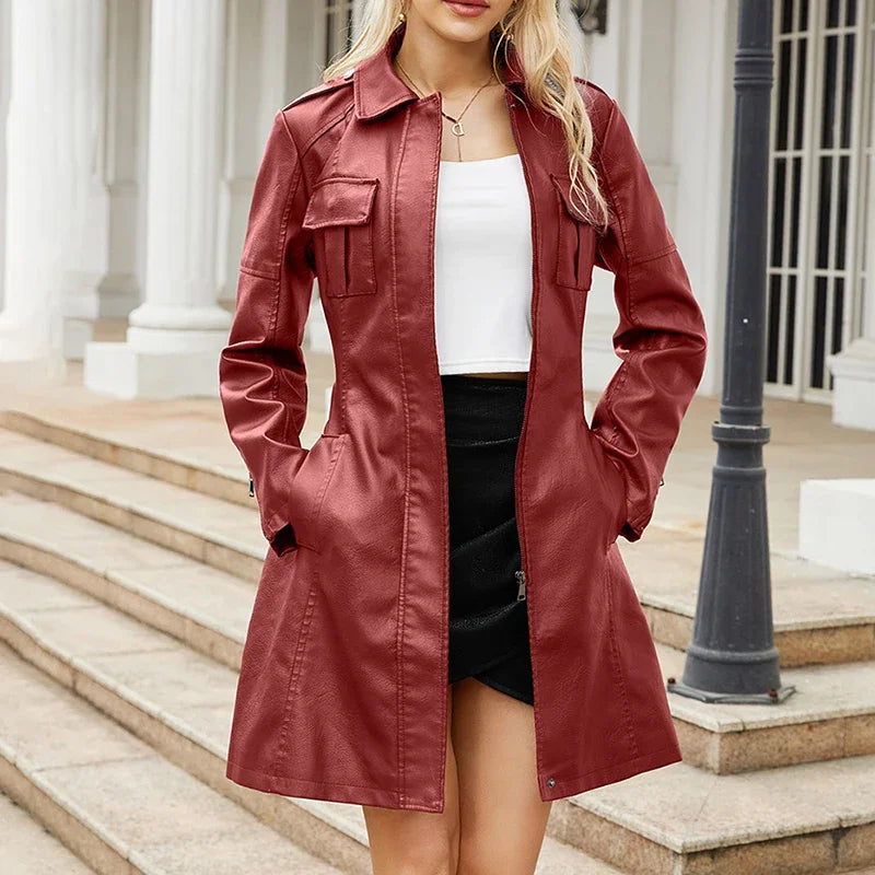 Leather Clothing Women's Fashion Solid Color Lapel Zipper Slim Long Sleeve with Belt Faux Leather Elegant Office Street Jacket