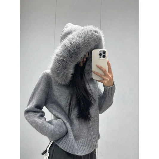 Y2K American sexy slim-fit solid color fur collar design long-sleeved zipper cardigan hoodie for women winter warm versatile top