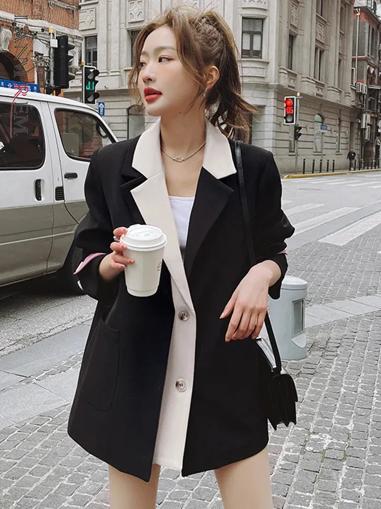 LANMREM Fashion Contrast Color Blazer Women Notched Collar Patchwork Design Single Breasted Coat 2024 Spring New 2AA5068