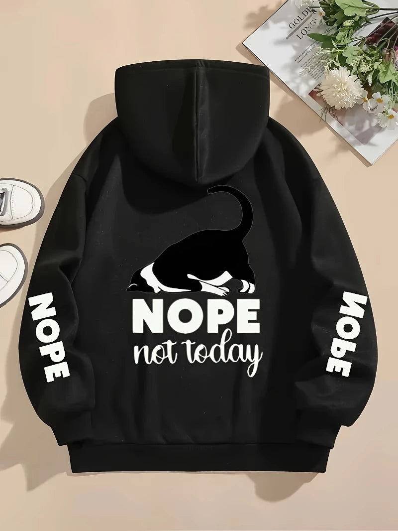 Casual Womans Hoodies Nope Not Today Cute Cat Printing Pullovers Loose Pocket Warm Fleece Sweatshirts Autumn Female Clothing